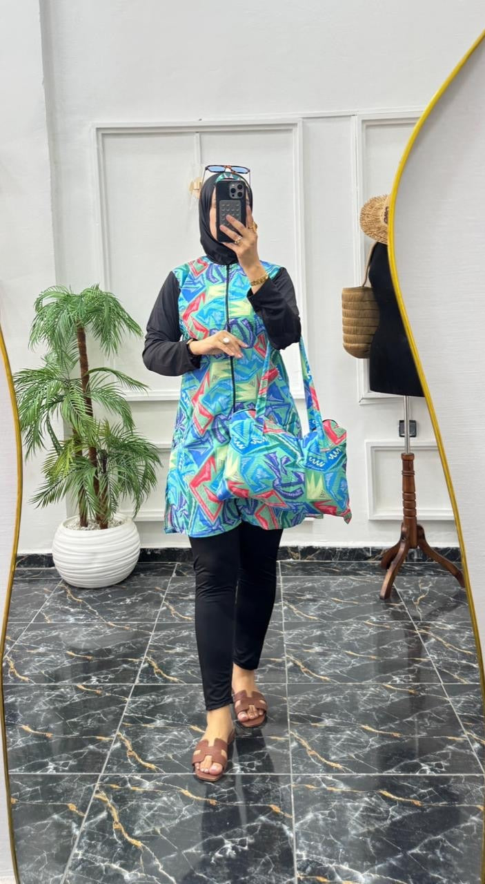 Burkini Modeste 4 Pièces Premium – Séchage Rapide & Motif Géométrique