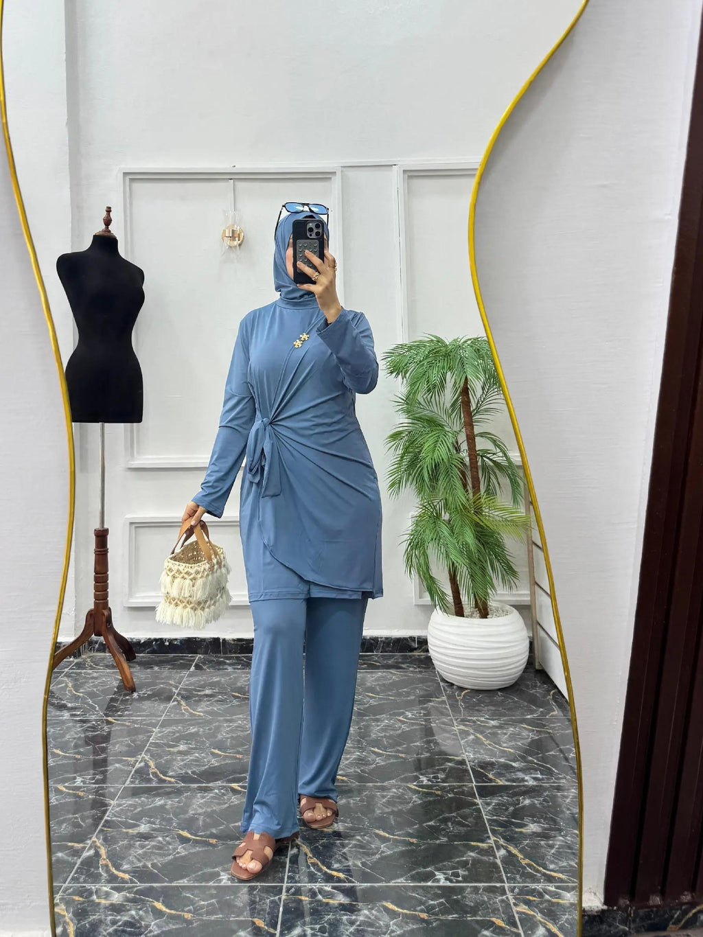 Ensemble 3 Pièces Fluide en Jersey – Tunique Drapée & Pantalon Large