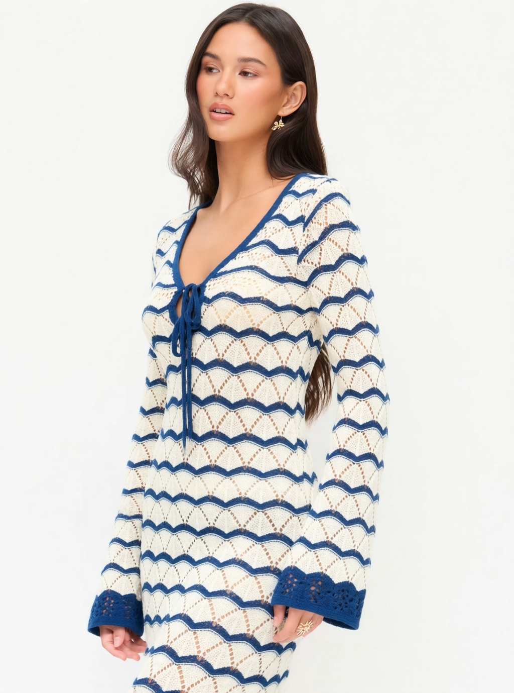 Robe de Plage Cute Tricot Crochet Effet Vagues 🌊 Col V Lacé | Cutie Corner