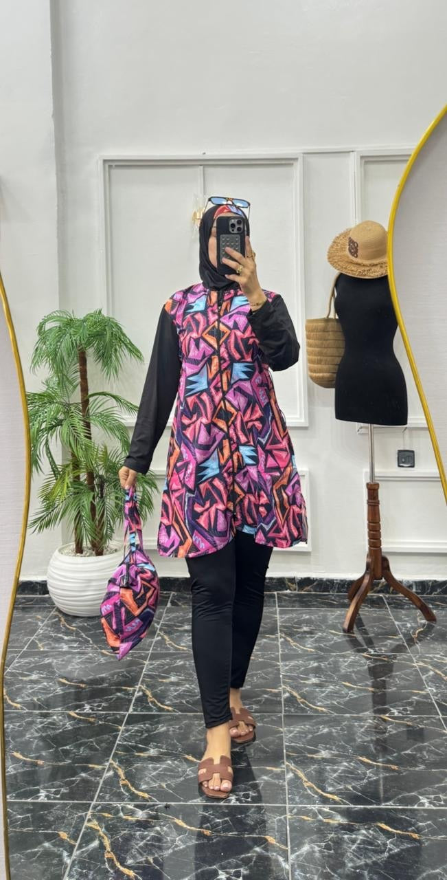 Burkini Modeste 4 Pièces Premium – Séchage Rapide & Motif Géométrique