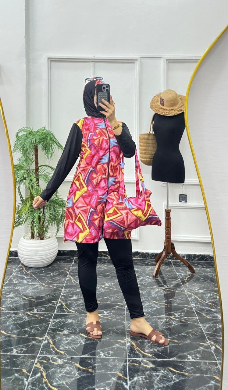 Burkini Modeste 4 Pièces Premium – Séchage Rapide & Motif Géométrique