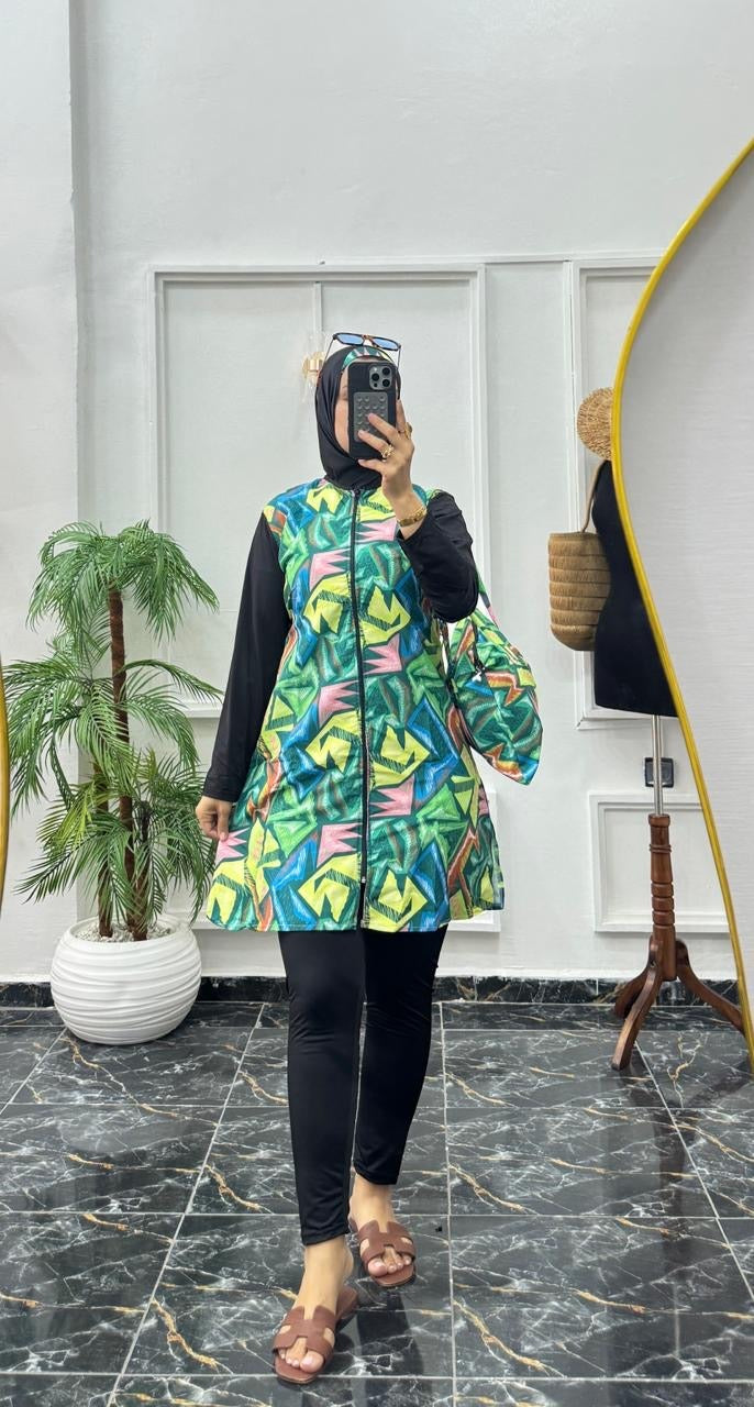 Burkini Modeste 4 Pièces Premium – Séchage Rapide & Motif Géométrique