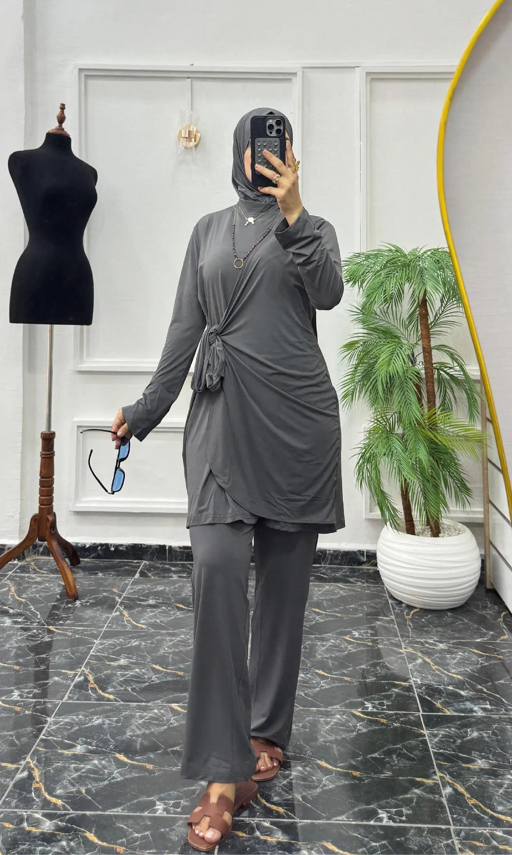 Ensemble 3 Pièces Fluide en Jersey – Tunique Drapée & Pantalon Large