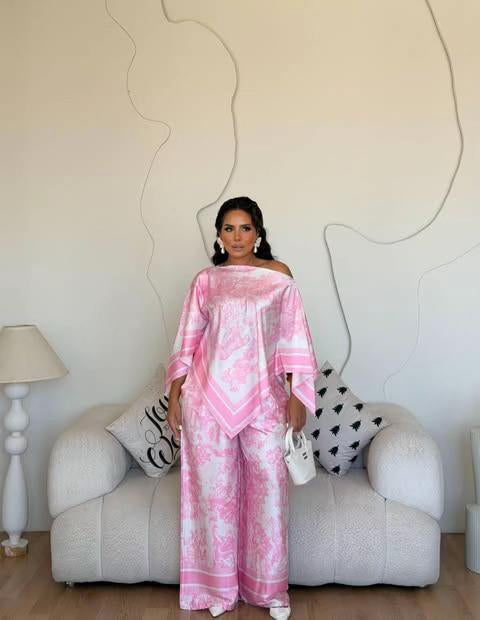 Ensemble Satin Élégant 2 Pièces (Haut & Pantalon) avec Châle Assorti Offert