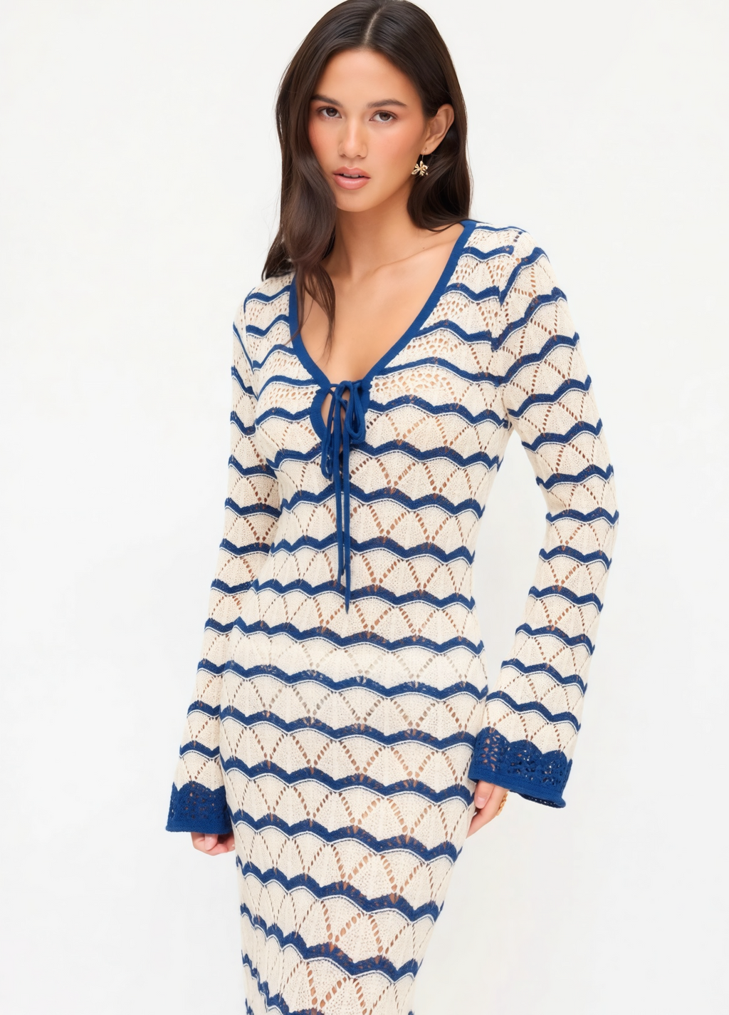 Robe de Plage Cute Tricot Crochet Effet Vagues 🌊 Col V Lacé | Cutie Corner