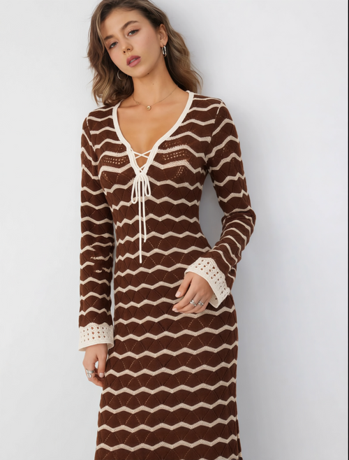 Robe de Plage Cute Tricot Crochet Effet Vagues 🌊 Col V Lacé | Cutie Corner