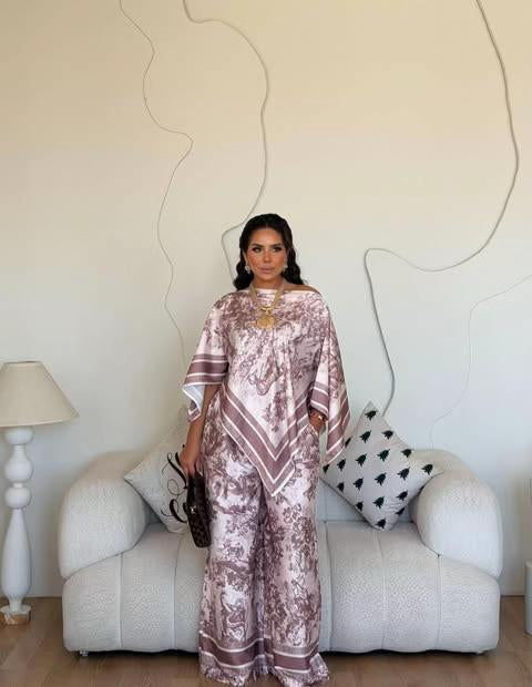 Ensemble Satin Élégant 2 Pièces (Haut & Pantalon) avec Châle Assorti Offert