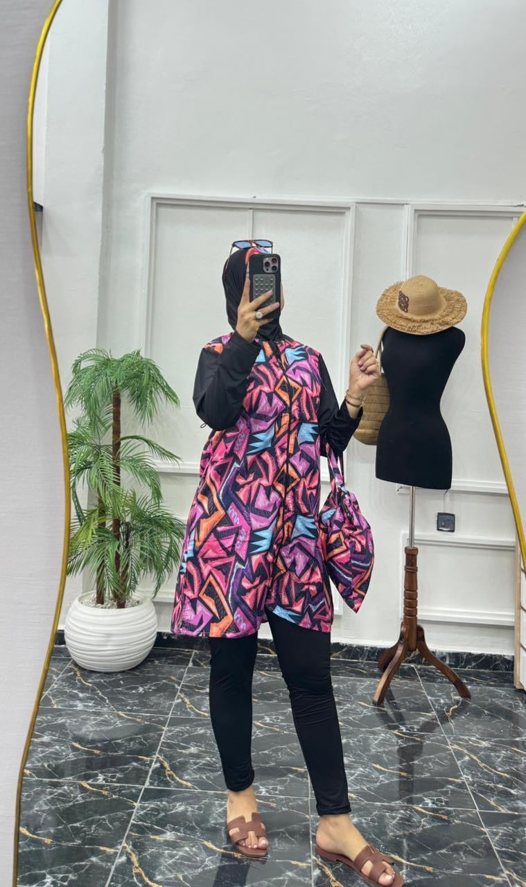 Burkini Modeste 4 Pièces Premium – Séchage Rapide & Motif Géométrique
