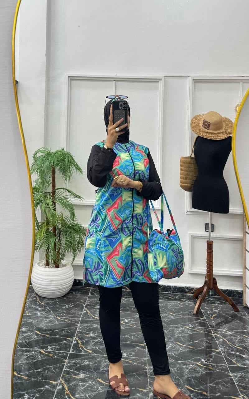 Burkini Modeste 4 Pièces Premium – Séchage Rapide & Motif Géométrique
