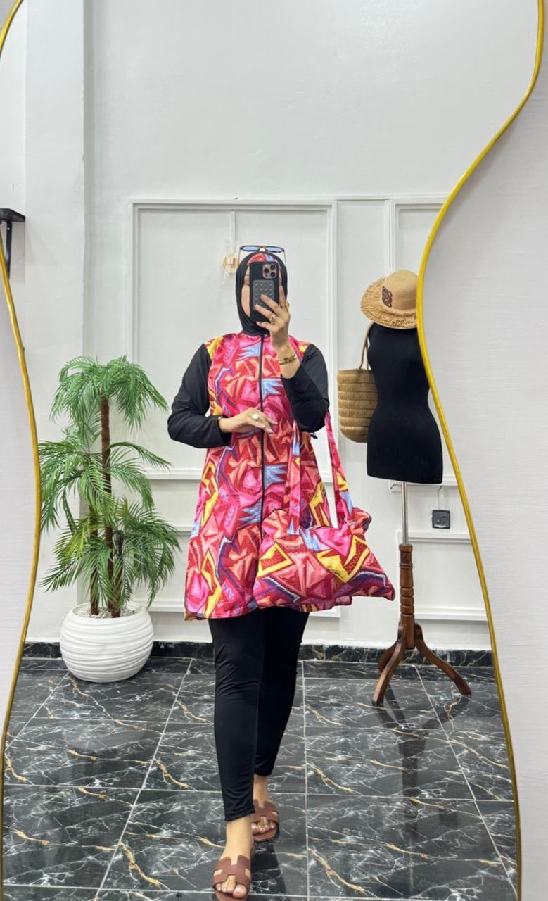 Burkini Modeste 4 Pièces Premium – Séchage Rapide & Motif Géométrique