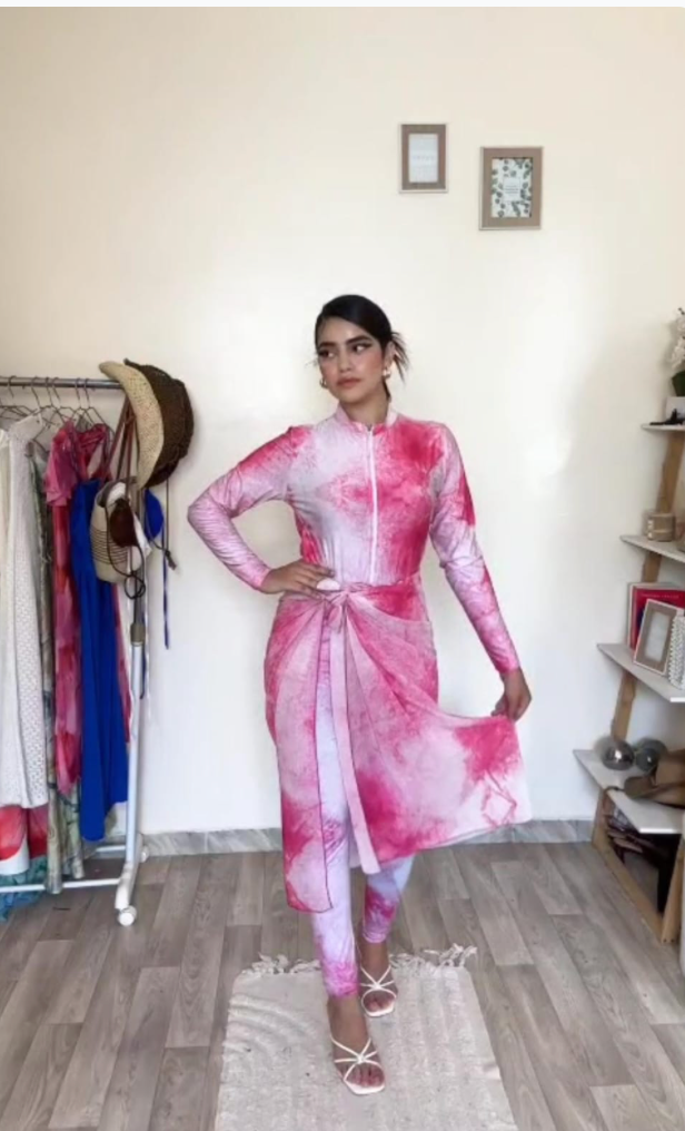 Burkini 3 Pièces Rose Tie-Dye – Maillot de Bain Modeste avec Paréo Intégré