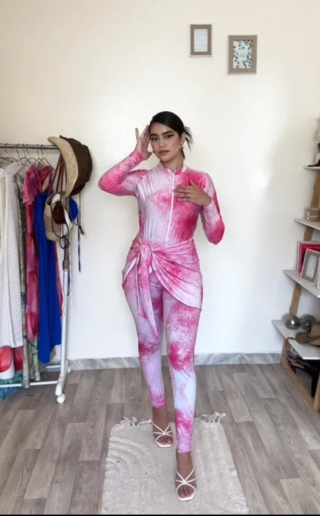 Burkini 3 Pièces Rose Tie-Dye – Maillot de Bain Modeste avec Paréo Intégré
