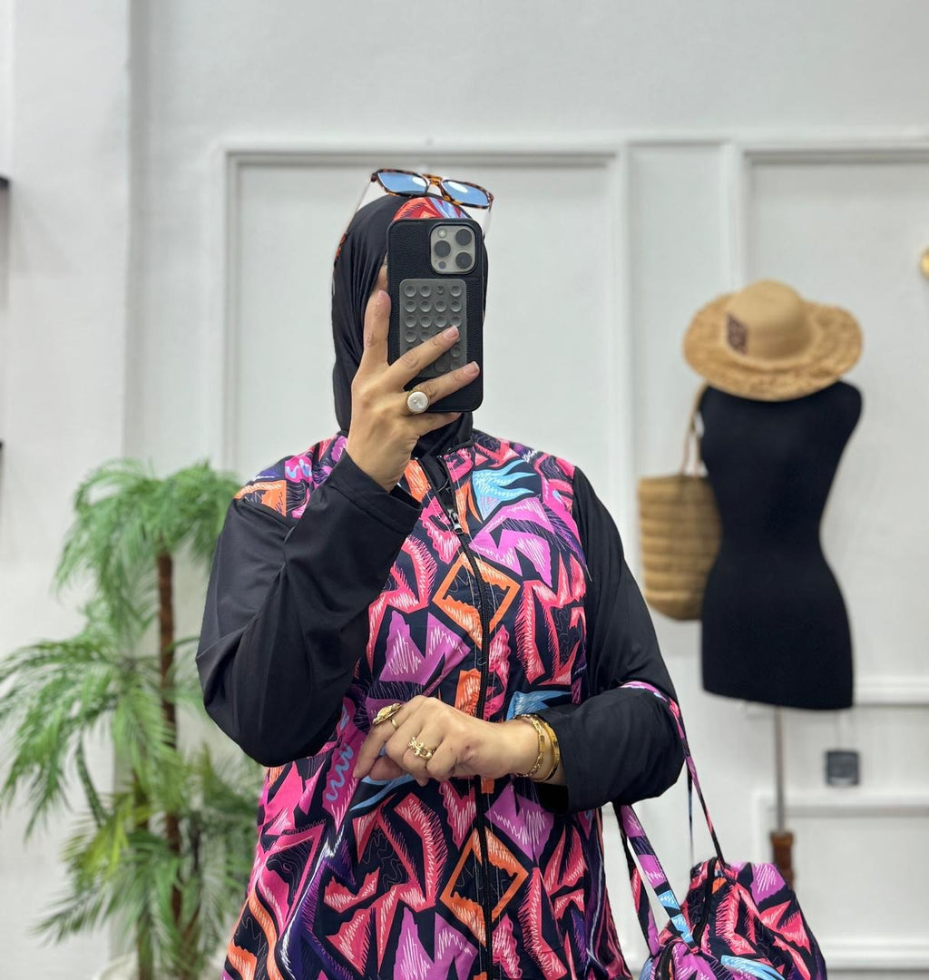 Burkini Modeste 4 Pièces Premium – Séchage Rapide & Motif Géométrique