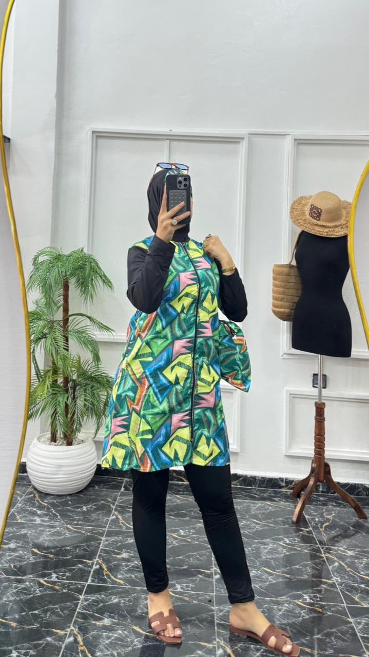 Burkini Modeste 4 Pièces Premium – Séchage Rapide & Motif Géométrique