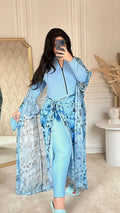Burkini 5 Pièces Bleu Ciel Femme – Maillot Modeste avec Cape Fluide, Body, Pantalon et Bonnet en Tissu Cyclisme